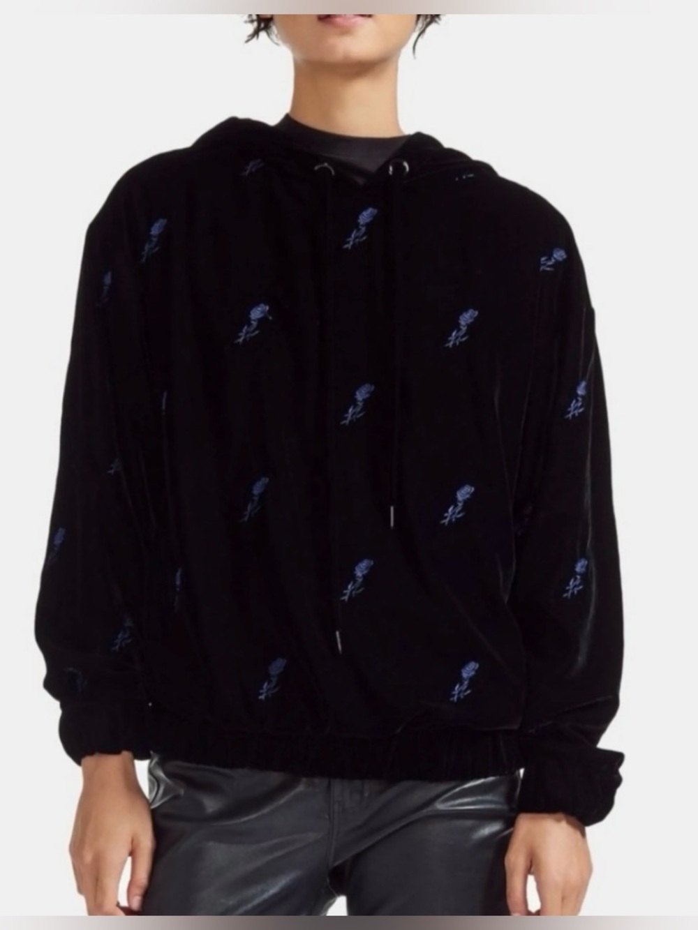 Maje Black Velvet Hoodie Purple Rose Embroidered Velour Sweatshirt ripicow Sz xs